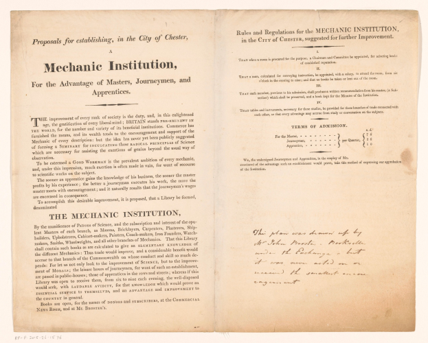 Offenes Buch mit dem Titel "Mechaniker-Institut, zum Vorteil von Meistern, Gesellen und Auszubildenden"