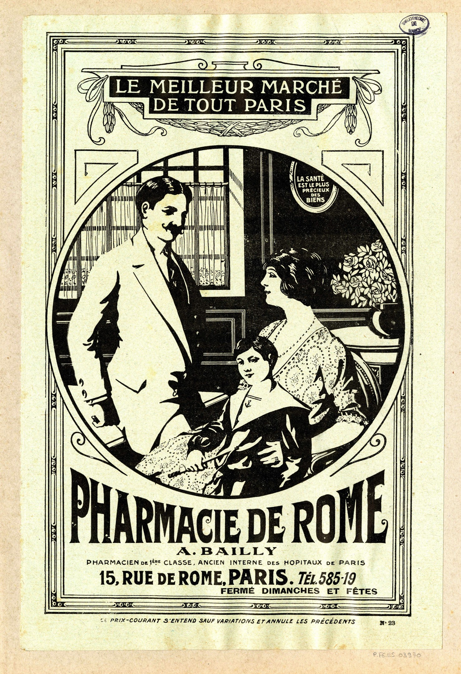 Schwarz-weiß-Anzeige für eine Apotheke in Rom, die einen Mann und eine Frau Seite an Seite zeigt mit Text, der das Geschäft und die Dienstleistungen beschreibt.