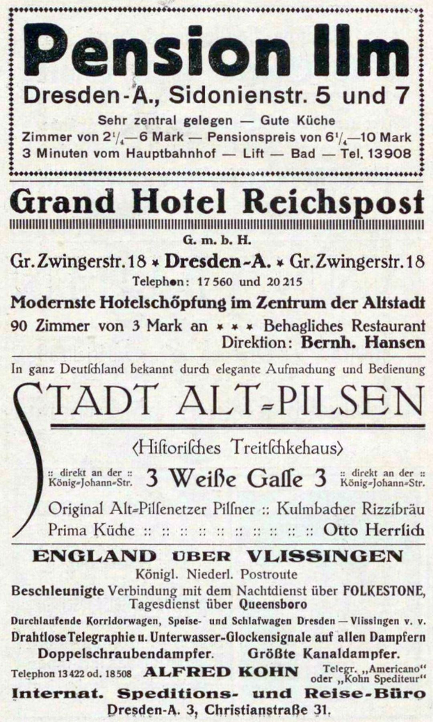 Schwarzer Text auf weißem Hintergrund Werbung für die Pensionsinn in Dresden, Deutschland.