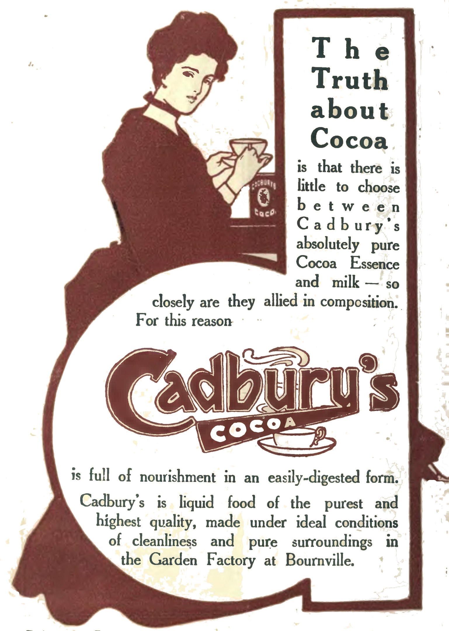 Anzeige für Cadbury's Cocoa, die eine Frau mit einer Tasse Cocoa zeigt.