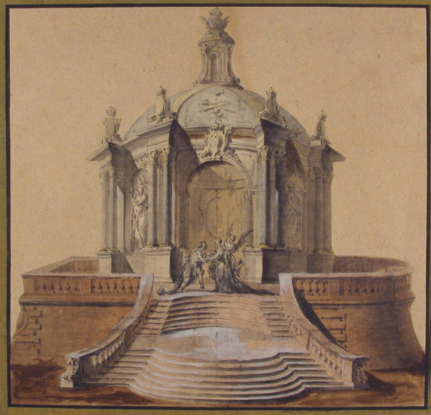 Ein gerahmtes Bild einer klassischen Brunnenfigur mit einer Statue darauf, umgeben von Stufen und weiteren Skulpturen.