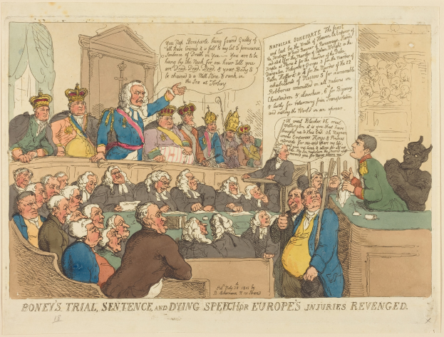 Eine Karikatur einer Gerichtsszene mit einer Gruppe von Menschen auf Stühlen und einem Mann in der Mitte, einem Tisch mit Gegenständen rechts und Text unten, der "Boney's Trial, Sentence, and Dying Speech Europe's Injuries Revenged" lautet.
