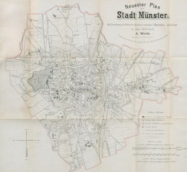 Schwarz-weiß-Karte von Stadt Münster, Deutschland aus dem Jahr 1873, die detaillierte Straßen und beschriftete Orte zeigt.