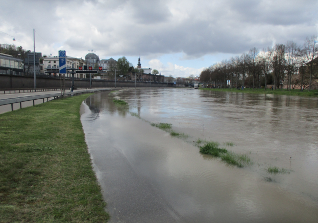 Überschwemmte Stadtstraße mit Wasser auf der Straße, umgeben von Gras, Zäunen, Schildern, Laternenmasten, Bäumen, Gebäuden und einem bewölkten Himmel.