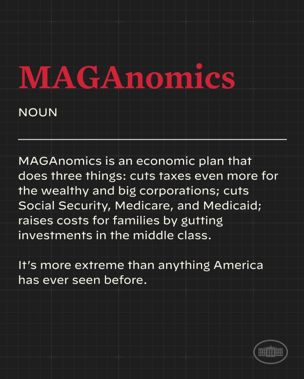Plakat mit fettem schwarzem Text auf einem weißen Hintergrund, eingerahmt von einem schmalen schwarzen Rand, das "Maganomics: Ein Wirtschaftsplan, der drei Dinge tut - Steuern für die Reichen und große Unternehmen weiter senken." zeigt.