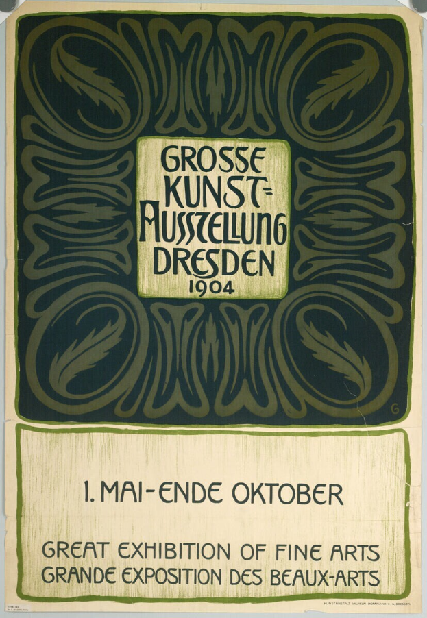 Ein Vintage-Plakat für die Große Kunstausstellung an der Grand Exposition des Beaux-Arts in Dresden, Deutschland, 1904, mit auffälligem Text, der das Ereignis ankündigt.