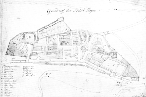 Eine Schwarz-Weiß-Zeichnung einer detaillierten Karte von Stadt Sigra, Deutschland, mit zahlreichen Gebäuden und Textanmerkungen.