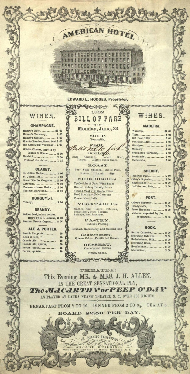 Altes Buch mit dem Titel "American Hotel Bill of Fare von 1862" mit einer Gebäudeillustration und Text zu den Restaurantangeboten.