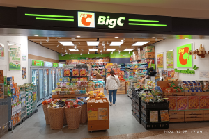 Eine Person in einem weiß-blauen Kleid steht vor einem hell erleuchteten Supermarktgang mit verschiedenen Lebensmitteln, während Kölzer, Wandtafeln und Deckenleuchten im Hintergrund zu sehen sind.