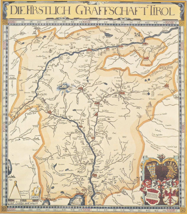 Ein detailliertes historisches Plakat der ersten Grafschaft Tirol-Karte, das geografische Merkmale wie Flüsse, Berge und Städte zeigt und von begleitendem Text über die Region und ihre Bewohner.