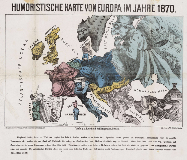 Ein Plakat mit einer Europakarte von 1870, umgeben von Cartoons und dem Text "Humoristische Karte von Europa im Jahre 1870".