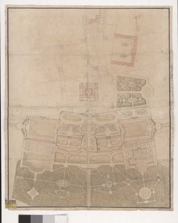 Ein detaillierter Stadtplan mit zahlreichen Gebäuden, darunter ein markantes zentrales Gebäude und begleitenden Text.