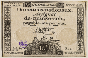 Ein altes französisches Banknotenbild mit einem Mann in einem Anzug und einer Frau in einem Kleid, die ernst nebeneinanderstehen, begleitet von Text und einem Stempel.