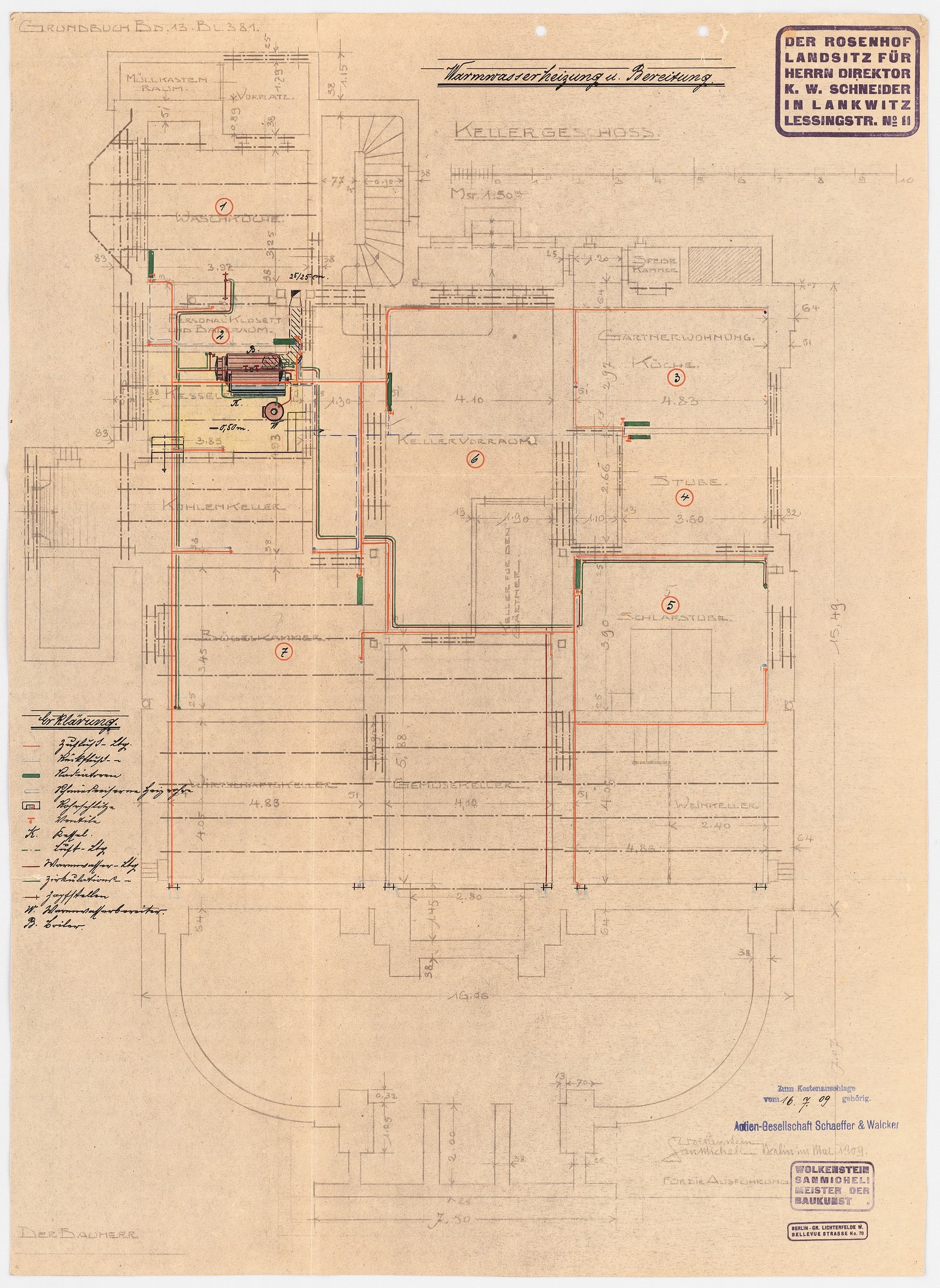Schwarze und weiße architektonische Zeichnung des Rosenhof-Krankenhauses in Hamburg, Deutschland, die detaillierte Layouts mit zahlreichen Drähten zeigt, die elektrische oder strukturelle Pläne angeben, begleitet von handschriftlichen Textanmerkungen.
