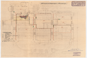 Schwarze und weiße architektonische Zeichnung des Rosenhof-Krankenhauses in Hamburg, Deutschland, die detaillierte Layouts mit zahlreichen Drähten zeigt, die elektrische oder strukturelle Pläne angeben, begleitet von handschriftlichen Textanmerkungen.