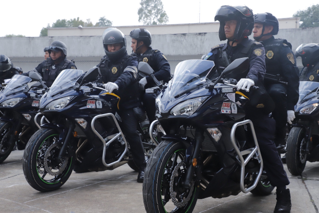 Gruppe von Polizeibeamten in schwarzen Uniformen auf Motorrädern in einer Parkanlage mit Bäumen und einem klaren blauen Himmel im Hintergrund.