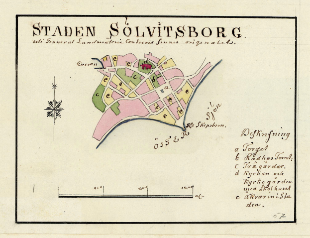 Detailierte Papierkarte von Staden Solvitsborg, Schweden, mit Straßen, Gebäuden und Landmarken mit handgeschriebener Text.