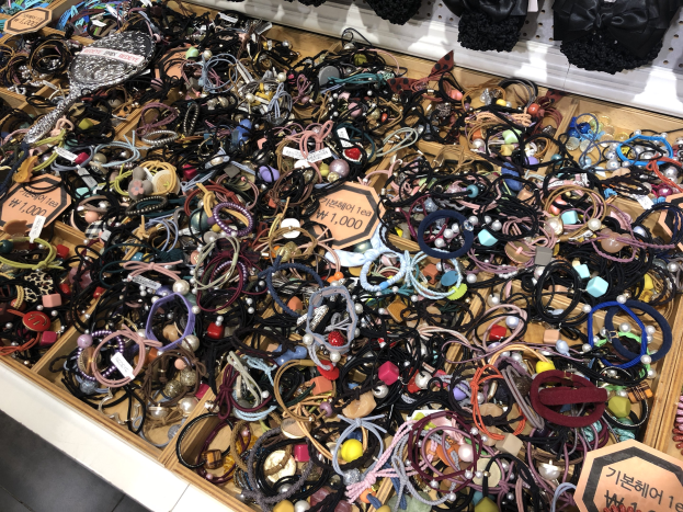 Vitrine mit verschiedenen Schmuckstücken einschließlich Armbändern, Ketten und Preisschildern neben hängenden Kleidungsstücken in einem Marktumfeld.