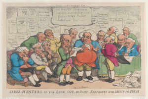 Gruppe von Menschen, die um einen Tisch sitzen, wobei eine Person ein Papier hält, Papiere und Gegenstände auf dem Tisch und ein Text unten mit der Aufschrift "Libel Hunters on the Look Out, or Daily Examiners of the Liberty of the Press".