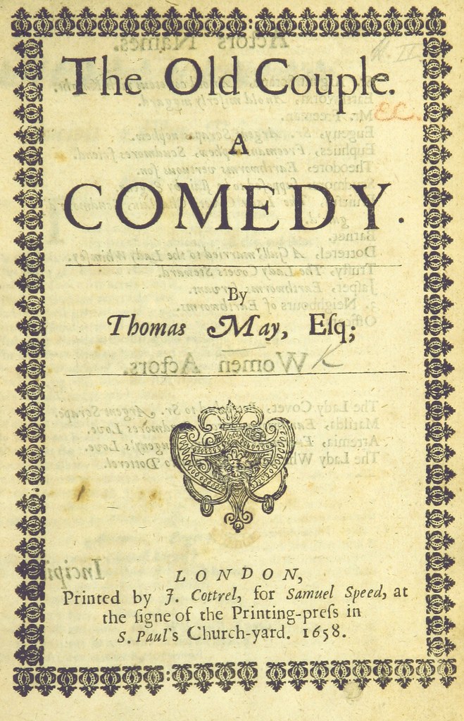 Titelblatt eines alten Buches mit dem Titel "The Old Couple: A Comedy" mit einem Logo auf dem Cover.