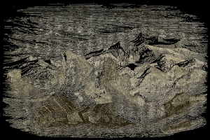 Schwarze und weiße Gravur eines Gebirgszugs mit Felsen im Vordergrund, einem Himmel im Hintergrund und der Inschrift "Mount Everest" unten.