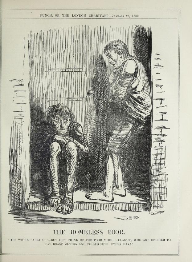 Eine Zeitung mit einer Zeichnung von zwei Personen, einer sitzenden und einer stehenden, mit der Aufschrift "Die Obdachlosen Armen"