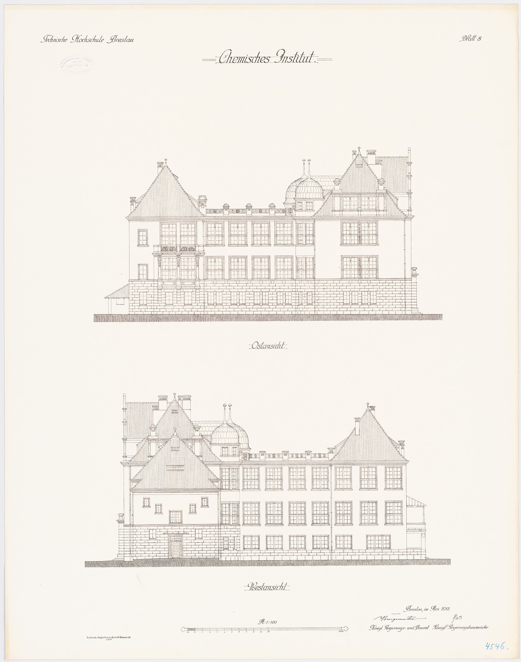 Ein detailliertes architektonisches Zeichnung des Chemistes Institut Gebäudes in den Niederlanden, das zahlreiche Fenster zeigt, auf einem Papier mit begleitendem Text.
