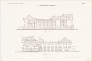 Ein detailliertes architektonisches Zeichnung des Chemistes Institut Gebäudes in den Niederlanden, das zahlreiche Fenster zeigt, auf einem Papier mit begleitendem Text.
