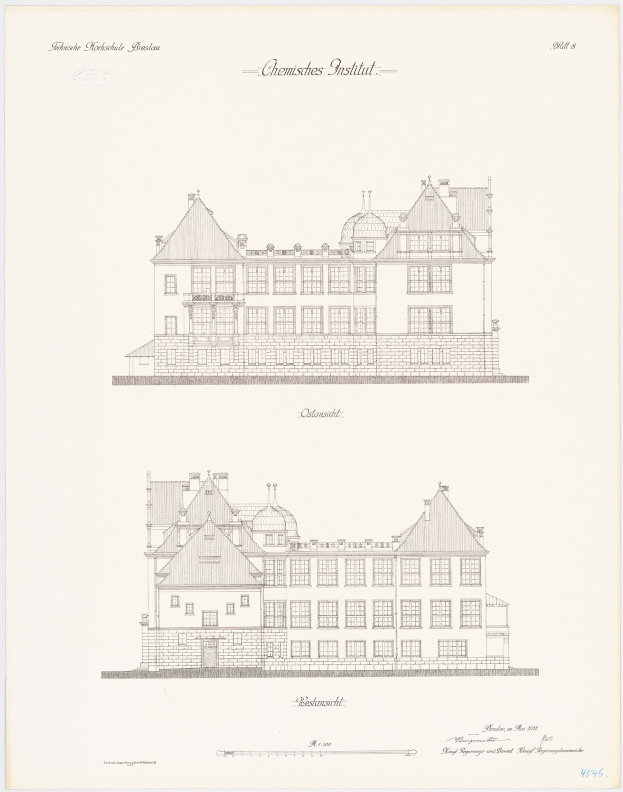 Ein detailliertes architektonisches Zeichnung des Chemistes Institut Gebäudes in den Niederlanden, das zahlreiche Fenster zeigt, auf einem Papier mit begleitendem Text.
