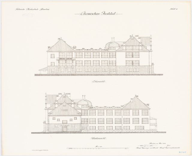 Ein detailliertes architektonisches Zeichnung des Chemistes Institut Gebäudes in den Niederlanden, das zahlreiche Fenster zeigt, auf einem Papier mit begleitendem Text.