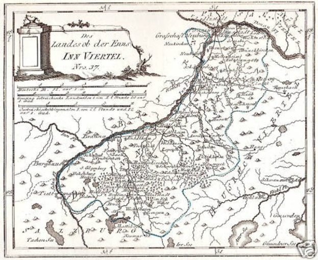 Detailierte Kartendarstellung des Rheins in Deutschland, die seinen Verlauf durch die Region zeigt, mit beschrifteten Landmarken, Städten und geografischen Merkmalen, begleitet von Text und einem Bild einer Säule.