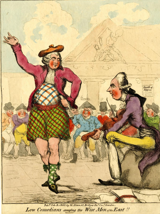 Cartoon of a man in a kilt and a woman in a dress standing in front of a crowd, with a building and clouds in the background, and text at the bottom reading "Low Comedians Amusing the Wise Men of the East."