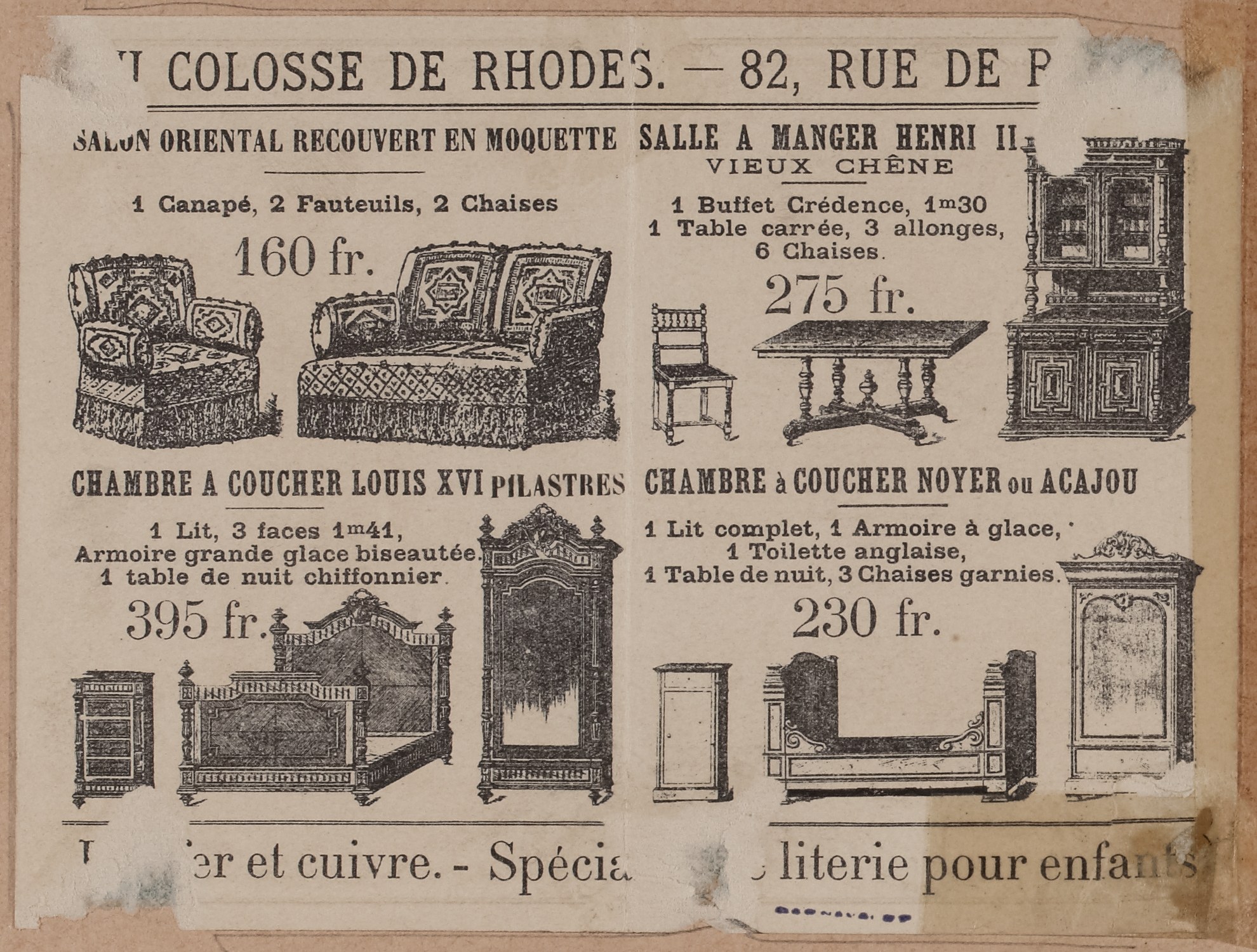 Eine Schwarz-Weiß-Anzeige für ein Möbelgeschäft mit Bildern einer Couch, eines Stuhls und eines Tisches neben beschreibendem Text.