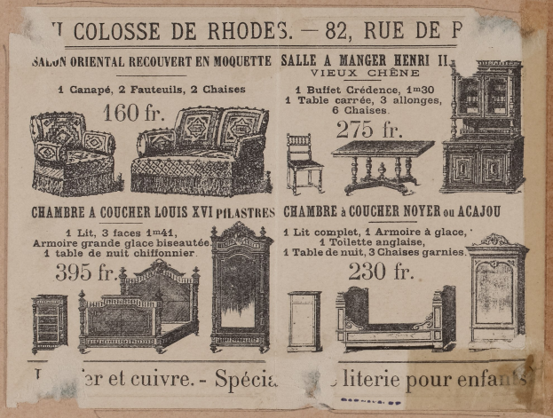 Eine Schwarz-Weiß-Anzeige für ein Möbelgeschäft mit Bildern einer Couch, eines Stuhls und eines Tisches neben beschreibendem Text.