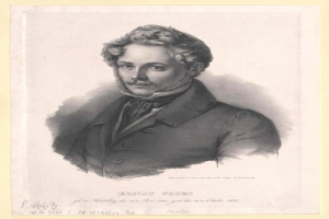 Schwarzes und weißes Porträt von Ernst Frühls, einem deutschen Komponist und Pianisten, der einen Anzug trägt und einen Schnurrbart hat, mit ernster Miene und deutschem Text unten.