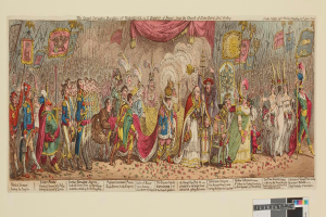 Eine Gruppe von Menschen in bunten Kostümen steht vor einer Bühne mit einem Vorhang, die den Großen Karneval von Napoleon, dem Kaiser von Frankreich, aus der Kirche Saint-Denis, Dezember 1785, feiern, wobei einige Fahnen und Dekorationen halten.