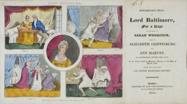 Ein historisches Dokument, das den Prozess von Lord Baltimore gegen die Vergewaltigung von Sarah Woodcock und Elizabeth Griffinburg zeigt, mit Illustrationen von Menschen, Vorhängen und Text.