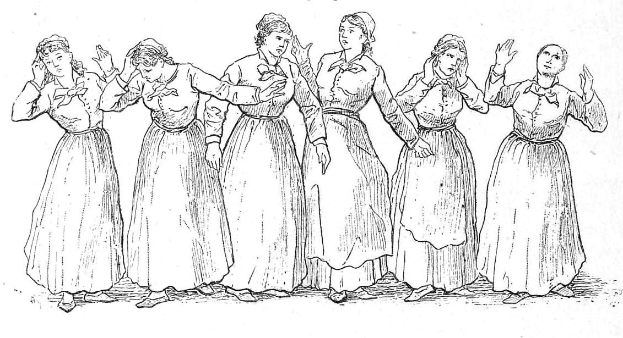 Schwarze und weiße Illustration von Frauen in gemusterten Kleidern, die in einer Reihe stehen, mit 'Frauenwahlrecht' oben und Text unten.