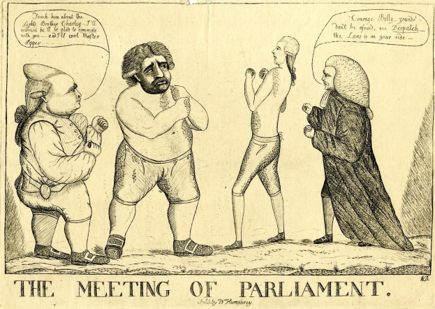 Eine handgezeichnete Skizze von drei Menschen, die stehen und diskutieren, mit einer Person, die animiert gestikuliert, und der ├ťberschrift "Die Parlamentssitzung" darunter.