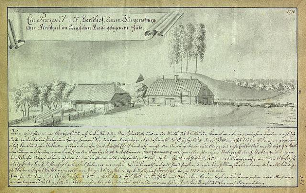 Ein altes Dokument mit einer Zeichnung eines Hofes in einem Feld, umgeben von Häusern, Bäumen und einem Himmel, mit der Beschriftung "Surgensburg, Deutschland - Landschaft eines Hofes".