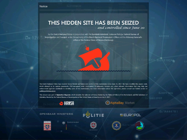 Ein Computerbildschirm zeigt eine Nachricht "Diese verdeckte Website wurde beschlagnahmt" mit dem Logo der niederländischen Polizei, das einen blauen Schild mit einem weißen Stern in fetter schwarzer Schrift auf einem weiß umrandeten Hintergrund zeigt.