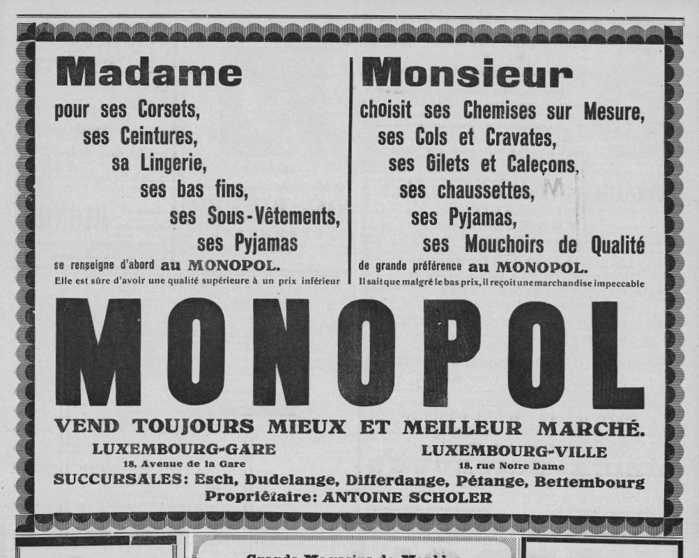 Schwarze und weiße Zeitungsanzeige für das Monopoly-Brettspiel mit Text, der seine Funktionen beschreibt.