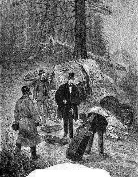 Eine Gruppe von Männern in Schwarz-Weiß-Kleidung steht um ein Auto in einem Waldgebiet, einer hält eine Waffe, mit dem Text 'Der Tod von George Washington' unten.