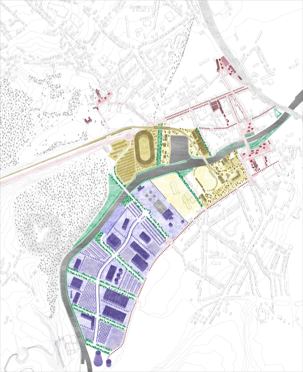 Vorgestellter Lageplan für die neue Stadt London auf einer farbcodierten Stadtkarte mit Text oben und unten.