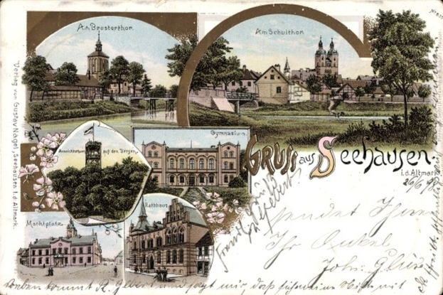 Alte Ansichtskarte zeigt eine Stadtansicht mit Gebäuden, Bäumen, Pflanzen, Blumen, Gras, einer Brücke und Himmel mit sichtbarem Text.