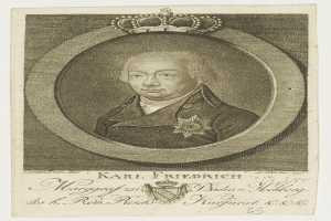 Porträt von Karl Friedrich Friedrich, König von Deutschland, mit Krone, mit ernster Miene, direkt in die Kamera schauend.