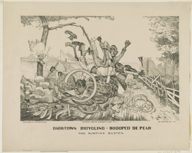 Eine Zeichnung einer Gruppe von Menschen auf einem hellgelben Fahrrad, wobei einige besorgt aussehen, unter einem dunklen blauen Himmel mit Wolken und Text unten, der "darktown bicycling - scooped de pear and sumfins busted" lautet.
