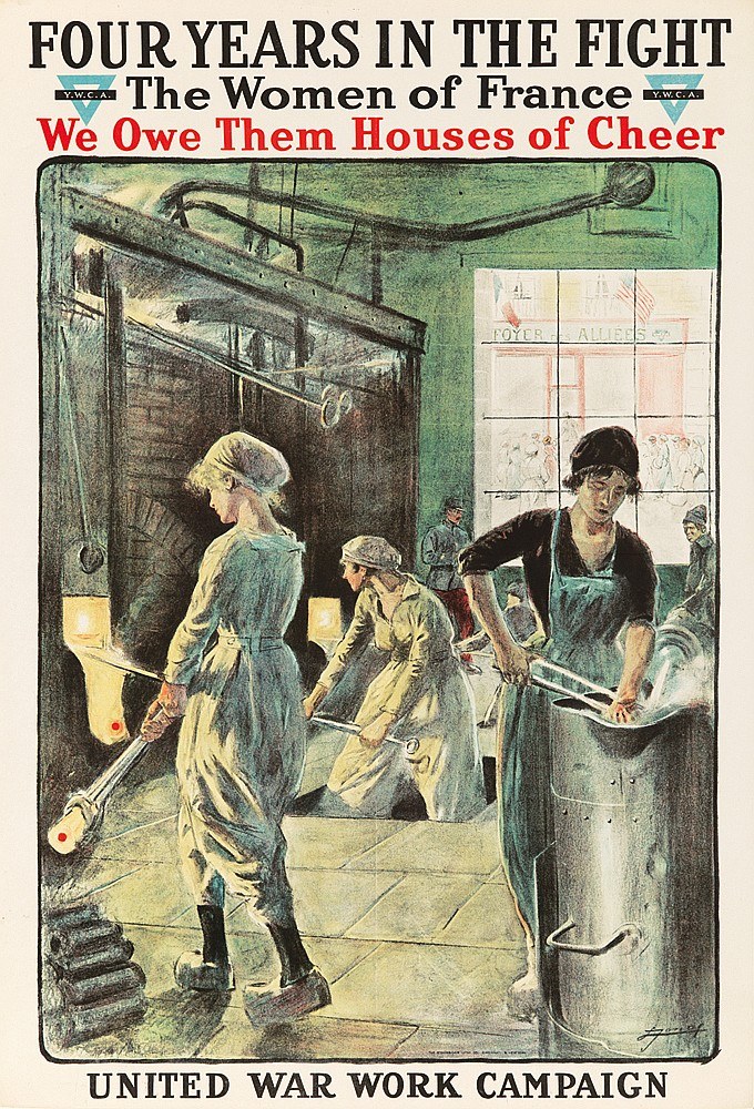 Plakat mit vier Frauen, die entschlossen in einer Reihe stehen, mit der Aufschrift "Wir schulden ihnen Häuser der Freude"