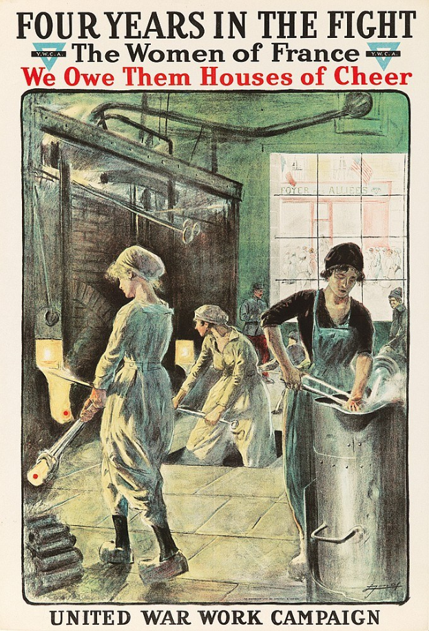 Plakat mit vier Frauen, die entschlossen in einer Reihe stehen, mit der Aufschrift "Wir schulden ihnen Häuser der Freude"