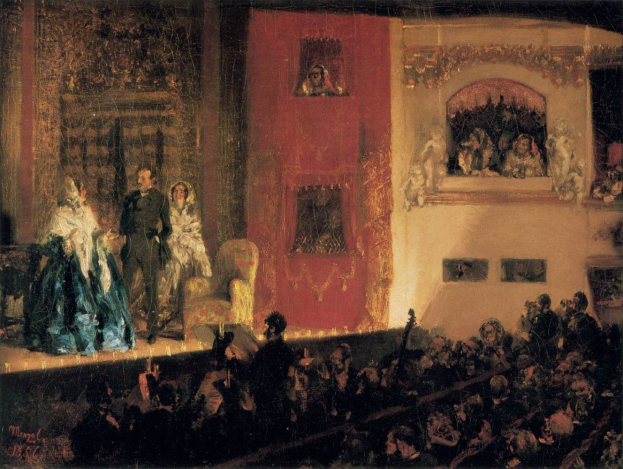 Gemälde namens 'Die Oper' (1856), das eine Gruppe auf der Bühne mit Instrumenten und sitzenden Figuren zeigt, während das Publikum von vorne zusieht, vor einer Wand.